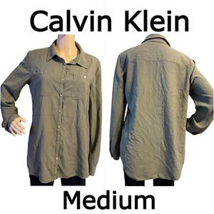 Calvin Klein Double Crepe Gauze Button Down Roll Tab Sleeve Blouse Olive Green M